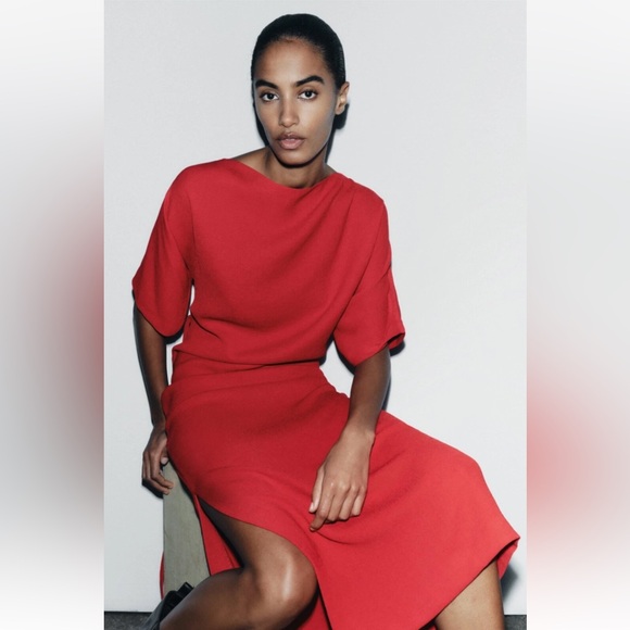 Zara Bright Red Midi Belted Side Zip Slit Short Sleeve Minimalist Slouch Dress - Picture 13 of 17